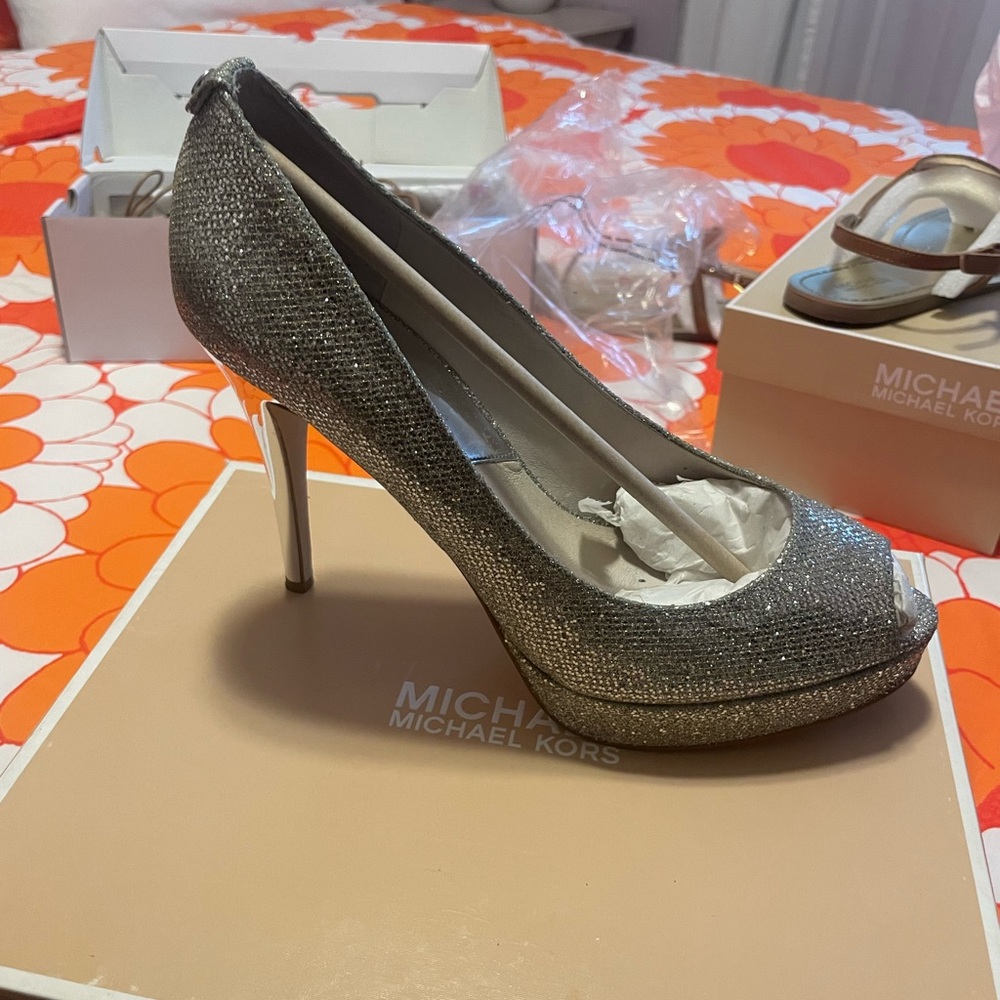 Michael Kors Silver Glitter Heels with Pointed Toe